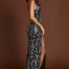Rochie Velia cu guler tip cowl și decupaje, cu imprimeu șarpe argintiu Rochie Velia cu guler tip cowl și decupaje, cu imprimeu șarpe argintiu