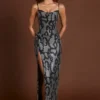 Rochie Velia cu guler tip cowl și decupaje, cu imprimeu șarpe argintiu Rochie Velia cu guler tip cowl și decupaje, cu imprimeu șarpe argintiu