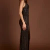 Rochie Velia cu guler tip cowl și decupaje, decorată cu paiete, în model maro șarpe Rochie Velia cu guler tip cowl și decupaje, decorată cu paiete, în model maro șarpe