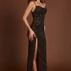 Rochie Velia cu guler tip cowl și decupaje, decorată cu paiete, în model maro șarpe Rochie Velia cu guler tip cowl și decupaje, decorată cu paiete, în model maro șarpe