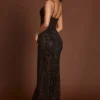 Rochie Velia cu guler tip cowl și decupaje, decorată cu paiete, în model maro șarpe Rochie Velia cu guler tip cowl și decupaje, decorată cu paiete, în model maro șarpe
