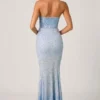 Rochie Vesna cu decolteu în formă de inimă și trenă în formă de coadă de pește, în albastru cer