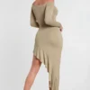 Roxana Rochie maxi cu mâneci lungi și umeri decupați, din amestec de modal și cașmir, în culoarea gri-bej