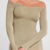 Roxana Rochie maxi cu mâneci lungi și umeri decupați, din amestec de modal și cașmir, în culoarea gri-bej