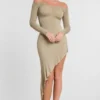 Roxana Rochie maxi cu mâneci lungi și umeri decupați, din amestec de modal și cașmir, în culoarea gri-bej