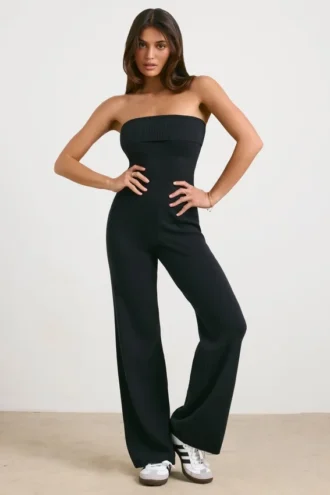 Salopetă bandeau din tricot gros, cu croi evazat, în culoarea neagră