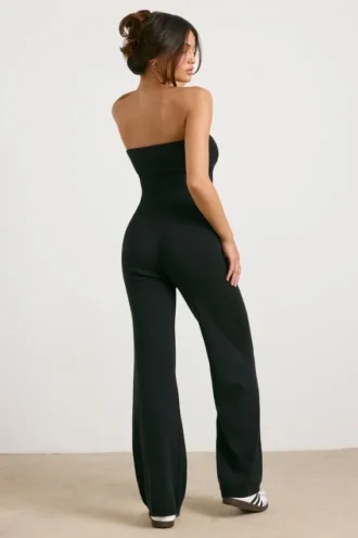Salopetă bandeau din tricot gros, cu croi evazat, în culoarea neagră