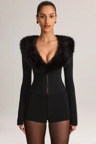 Salopetă corset Nesta cu bordură din blană artificială, negru