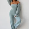 Salopetă cu bretele subțiri și croi evazat din tricot gros, culoare verde-albăstrui prăfuit Salopetă cu bretele subțiri și croi evazat din tricot gros, culoare verde-albăstrui prăfuit