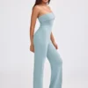 Salopetă cu bretele subțiri și croi evazat din tricot gros, culoare verde-albăstrui prăfuit Salopetă cu bretele subțiri și croi evazat din tricot gros, culoare verde-albăstrui prăfuit