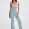 Salopetă cu bretele subțiri și croi evazat din tricot gros, culoare verde-albăstrui prăfuit Salopetă cu bretele subțiri și croi evazat din tricot gros, culoare verde-albăstrui prăfuit