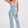 Salopetă cu bretele subțiri și croi evazat din tricot gros, culoare verde-albăstrui prăfuit Salopetă cu bretele subțiri și croi evazat din tricot gros, culoare verde-albăstrui prăfuit