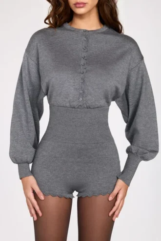 Salopetă cu mâneci lungi din tricot fin Moya, în culoarea gri