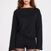Salopetă Dara cu mâneci lungi și spate decupat, din modal, în culoarea negru Salopetă Dara cu mâneci lungi și spate decupat, din modal, în culoarea negru