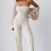 Salopetă din tricot gros cu decolteu bandeau și pantaloni evazați, culoare crem Salopetă din tricot gros cu decolteu bandeau și pantaloni evazați, culoare crem