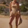 Salopeta corset cu volane și șireturi Marivelle, culoare bej Salopeta corset cu volane și șireturi Marivelle, culoare bej