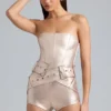 Salopeta corset din denim metalic cu curea Sasha, în culoarea șampanie Salopeta corset din denim metalic cu curea Sasha, în culoarea șampanie