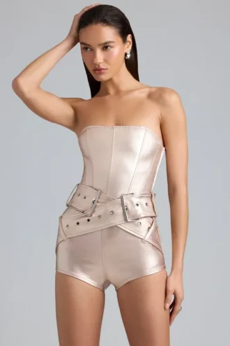 Salopeta corset din denim metalic cu curea Sasha, în culoarea șampanie