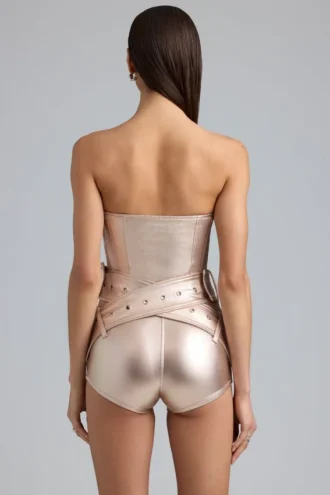 Salopeta corset din denim metalic cu curea Sasha, în culoarea șampanie