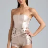 Salopeta corset din denim metalic cu curea Sasha, în culoarea șampanie Salopeta corset din denim metalic cu curea Sasha, în culoarea șampanie