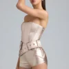 Salopeta corset din denim metalic cu curea Sasha, în culoarea șampanie Salopeta corset din denim metalic cu curea Sasha, în culoarea șampanie
