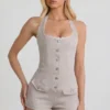 Salopeta scurta Lalita cu guler halter și nasturi, în culoarea ecru Salopeta scurta Lalita cu guler halter și nasturi, în culoarea ecru
