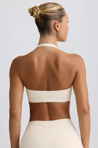 Sutien sport din jersey periat cu decolteu în V, în culoarea Ivory Marl