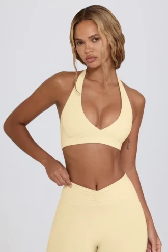 Sutien sport din jersey periat cu decolteu în V, în nuanța Lemon Marl