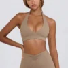 Sutien sport din jersey periat cu decolteu în V, în nuanța Mocha Marl Sutien sport din jersey periat cu decolteu în V, în nuanța Mocha Marl