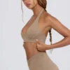 Sutien sport din jersey periat cu decolteu în V, în nuanța Mocha Marl Sutien sport din jersey periat cu decolteu în V, în nuanța Mocha Marl