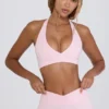 Sutien sport din jersey periat cu decolteu în V, în nuanța Pale Pink Marl Sutien sport din jersey periat cu decolteu în V, în nuanța Pale Pink Marl