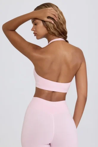 Sutien sport din jersey periat cu decolteu în V, în nuanța Pale Pink Marl