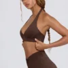 Sutien sport din jersey periat cu decolteu în V, în nuanța Pecan Marl Sutien sport din jersey periat cu decolteu în V, în nuanța Pecan Marl