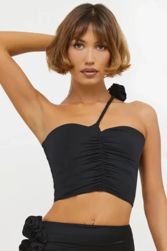 Tesia Top asimetric din jersey elastic cu detalii de trandafiri, negru