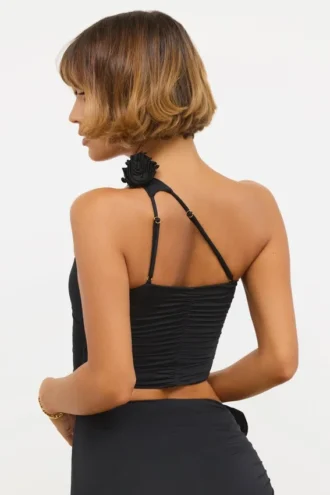 Tesia Top asimetric din jersey elastic cu detalii de trandafiri, negru
