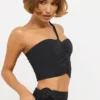 Tesia Top asimetric din jersey elastic cu detalii de trandafiri, negru
