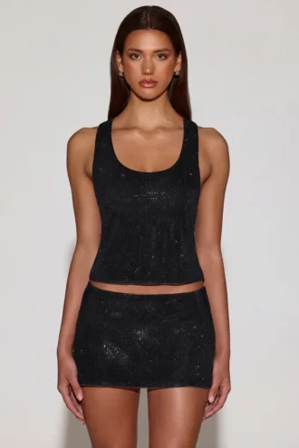 Top Aine din jersey cu decolteu rotund și spate în formă de U, cu ornamente, negru