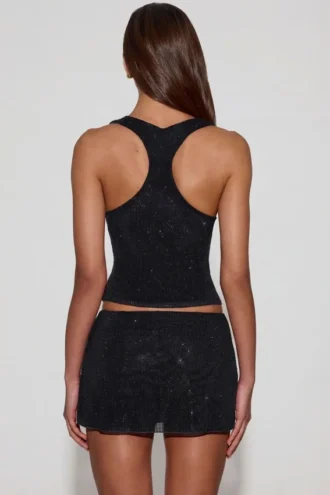 Top Aine din jersey cu decolteu rotund și spate în formă de U, cu ornamente, negru