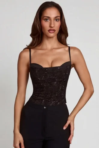 Top Armelia cu guler cowl și decupaje, în negru