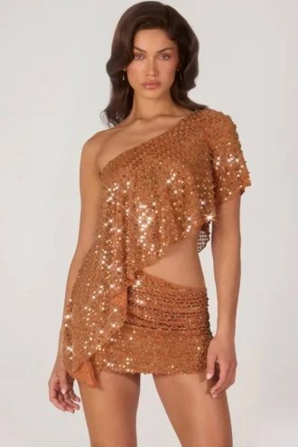 Top asimetric cu un umăr, cu ornamente, Callista, în culoarea bronz