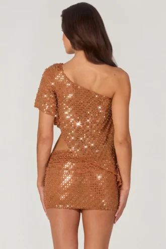 Top asimetric cu un umăr, cu ornamente, Callista, în culoarea bronz