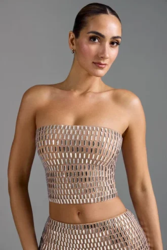 Top bandeau Charnelle cu ornamente, culoare Almond