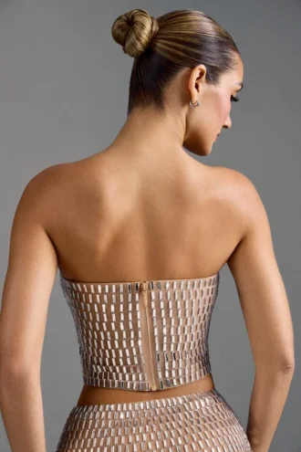 Top bandeau Charnelle cu ornamente, culoare Almond