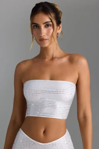 Top bandeau cu bretele în spate și decorațiuni Nanaka, alb