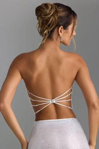 Top bandeau cu bretele în spate și decorațiuni Nanaka, alb