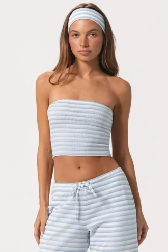 Top bandeau din jersey cu nervuri, cu dungi albastre