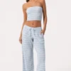 Pantaloni cu talie joasă din jersey cu nervuri, cu dungi albastre Pantaloni cu talie joasă din jersey cu nervuri, cu dungi albastre