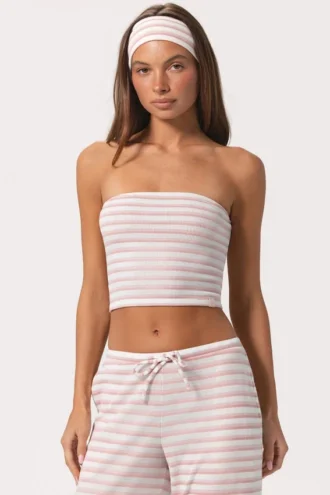 Top bandeau din jersey cu nervuri, cu dungi roz