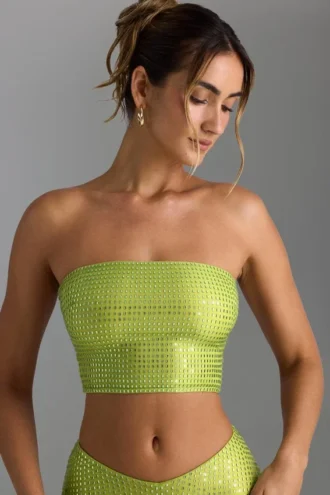 Top bandeau Nanaka cu bretele ornamentate în spate, în verde pară