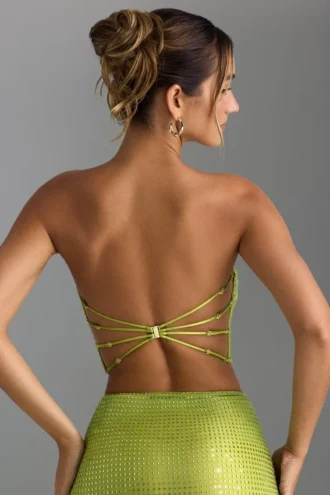 Top bandeau Nanaka cu bretele ornamentate în spate, în verde pară